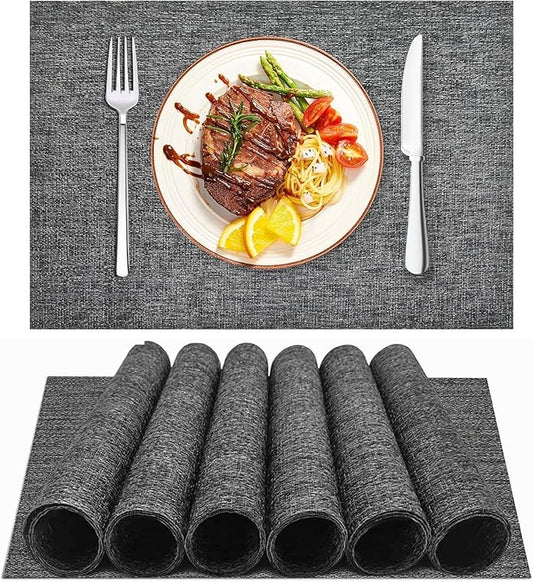 DACHUI Placemats Set of 6, Linen Look Woven Place Mats, Water Resistant, Heat Resistant, Washable, Durable Table Mats (Dark Grey)