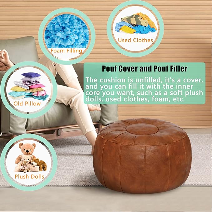 Thgonwid Unstuffed Moroccan Ottoman Pouf Cover, Ottoman Footstool Storage Solution, Bean Bag Chair, Foot Rest, Brown