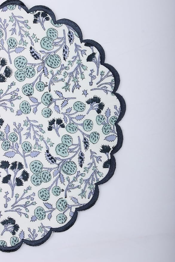 Ridhi Bo-ho Round Place Mat Double Layer Floral Cotton Washable Placemats 15" Round Embroidery Block Print Table Mat (Pack of 4-15 Inch Round, Denim Blue)