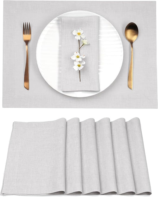 D'Moksha Homes Linen Placemats 14 x 19 Inch - Silver Grey Placemats Set of 6-100% Pure Linen Table Place Mats for Summer - Handcrafted and Machine Washable