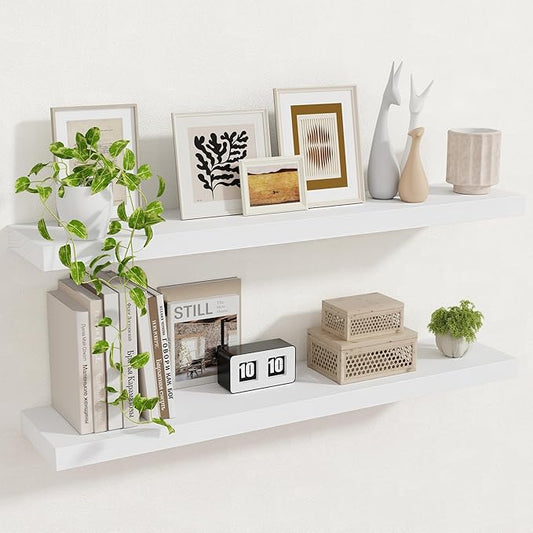Marsmiles Wood Floating Shelves for Wall Storage, 36 inch Wide Set of 2, Invisible Wall Mounted Rustic Wooden Display Shelves for Living Room Bathroom Bedroom Kitchen Office,White