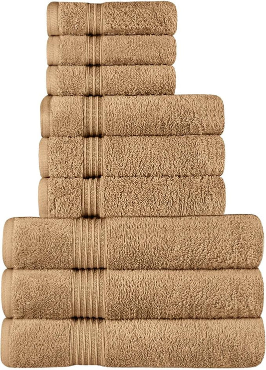 Superior Egyptian Cotton 9-Piece Towel Set, Assorted Towels for Home Bathroom, Guest Bath Decor Essentials, Includes 3 Bath, 3 Hand, 3 Face Towels/Washcloths, Quick Dry, Absorbent - Toast