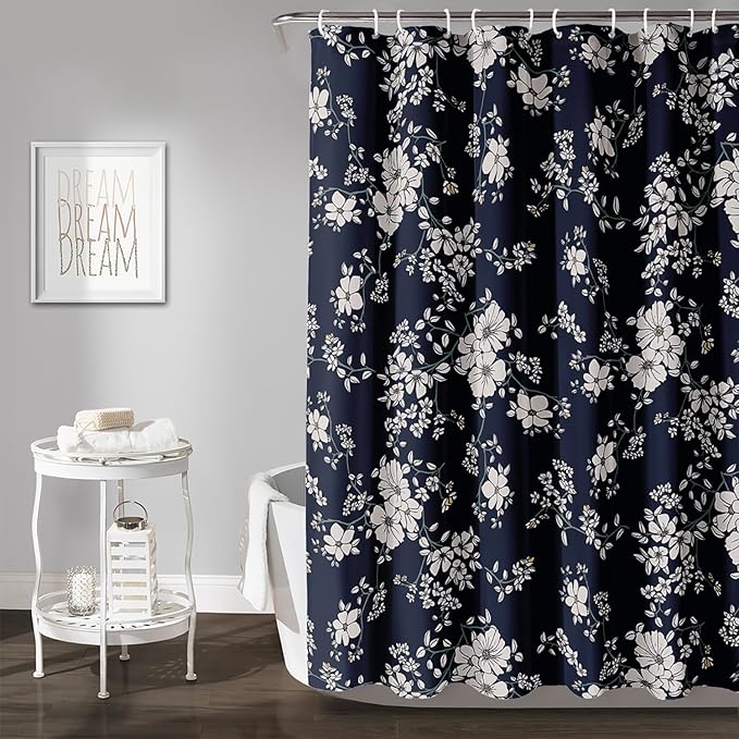 AILONEN Luxuriant Flowers Shower Curtain,White Flower on Black Background Waterproof Shower Curtain Set for Girls Boys Teens, 72" W*96" H Patchwork Flower Shower Curtain