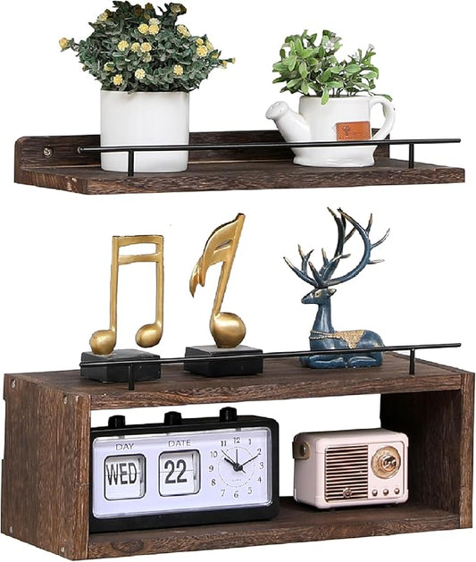 WONFUlity 3-Shelf Bathroom Shelves, Floating Shelves with Storage Basket, Over Toilet Paper Holder, Farmhouse Wood Wall Shelves for Living Room, Kitchen, 16x5.9x5.5 inches, Walnut