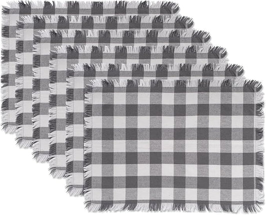 DII Heavyweight Fringed Check Tabletop Collection, Placemat Set, 13x19, Gray, 6 Piece