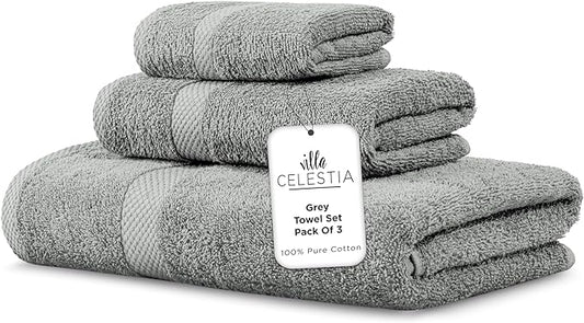 100% Combed Cotton Bathroom Towel Set of 3- 1 Bath Towel, 1 Hand Towel, 1 Wash Cloth, Sustainable, Soft, Highly Absorbent 3 Piece Cotton Bath Towel Set Ideal for Hotels, Spa, Bathroom, Dorm, Grey