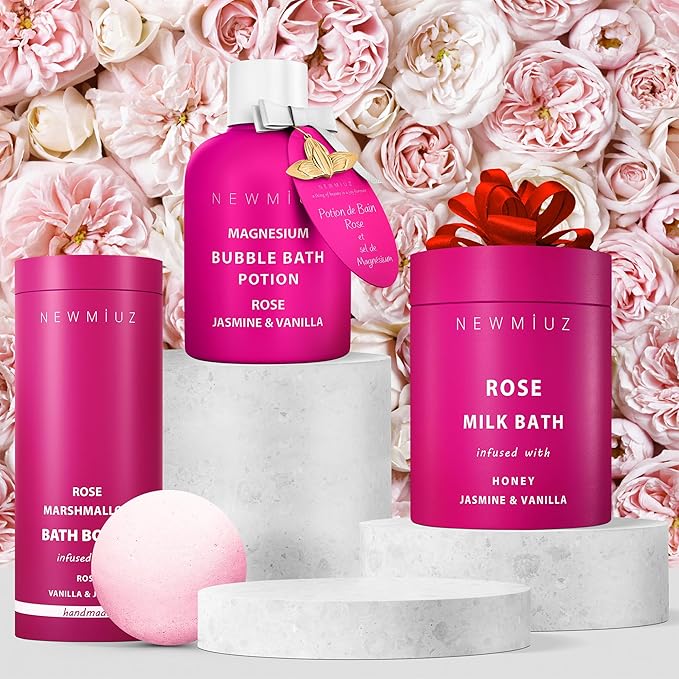 Magnesium Bubble Bath Rose Jasmine Vanilla Long Lasting Foam for Sore Muscles Epsom Salt Moisturizing Relaxing Stress Relief Spa Gift for Women