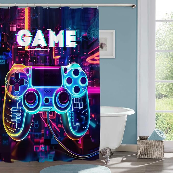 Video Game Shower Curtain Gaming Gamepad Controller Shower Curtains for Bathroom Decor Waterproof Polyester Fabric Gamer Bathroom Curtain with Hooks 72x72 Inch