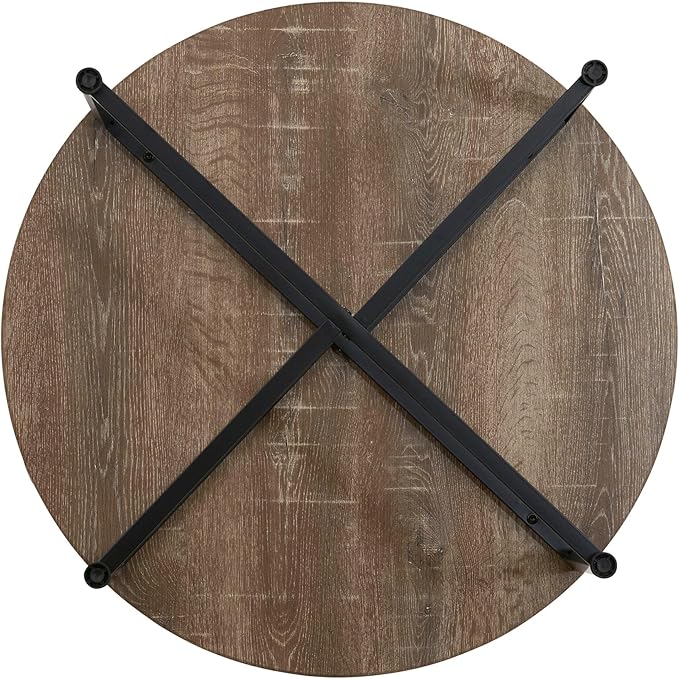 Household Essentials Jamestown Round Coffee Table Ashwood Rustic Wood Grain and Black Metal 31.5 x 31.5, Taupe