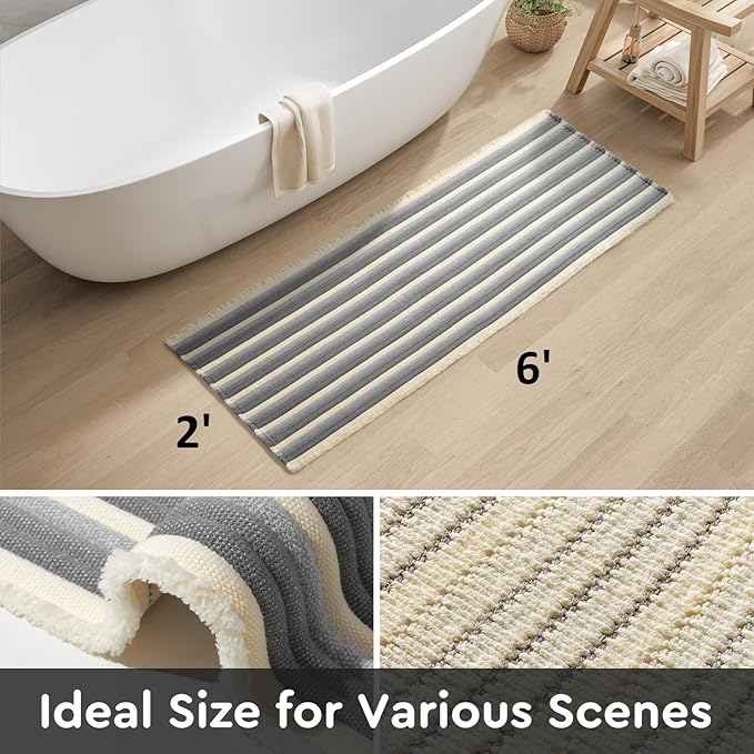 Striped Bath Mat Runner Rug, Super Absorbent Non Slip Bathroom Runner Rug 3D Woven Gradient Washable Runners for Hallways Entryway Bedroom Laundry Room Kitchen Sink, 2' x 6'