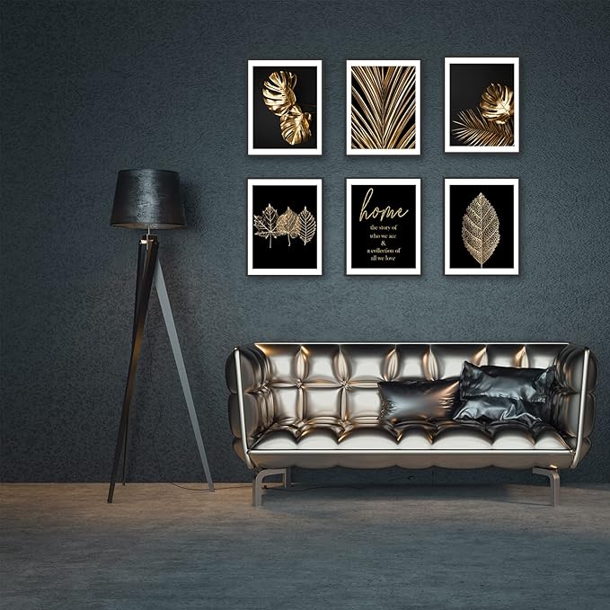 HoozGee Gold Leaf Art Prints Modern Black Gold Botanical Tropical Plant Leaves Art Wall Pictures Canvas Prints Gallery Wall Art Poster Wall Decor Bedroom Room Home Decor (11"x14" UNFRAMED)