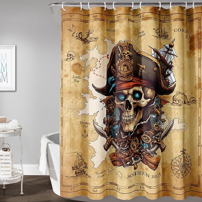 AILONEN Pirate Skull Shower Curtain for Bathroom,Vintage Ocean Nautical Bath Curtain Decoration,Pirate Captain Old Map Print Waterproof Shower Curtain with 12 Plastic Hooks, 36" W*72" H