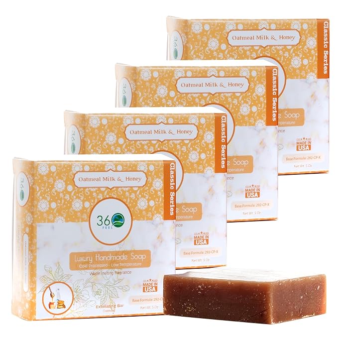 360Feel Oatmeal Milk and Honey Soap - Handcrafted Castile Soap Bar with Soothing Scent - Handmade with Essential Oils - Suitable Gift for Anniversaries, Weddings, and Holiday Stockings - 4 pack
