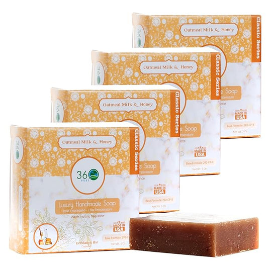 360Feel Oatmeal Milk and Honey Soap - Handcrafted Castile Soap Bar with Soothing Scent - Handmade with Essential Oils - Suitable Gift for Anniversaries, Weddings, and Holiday Stockings - 4 pack