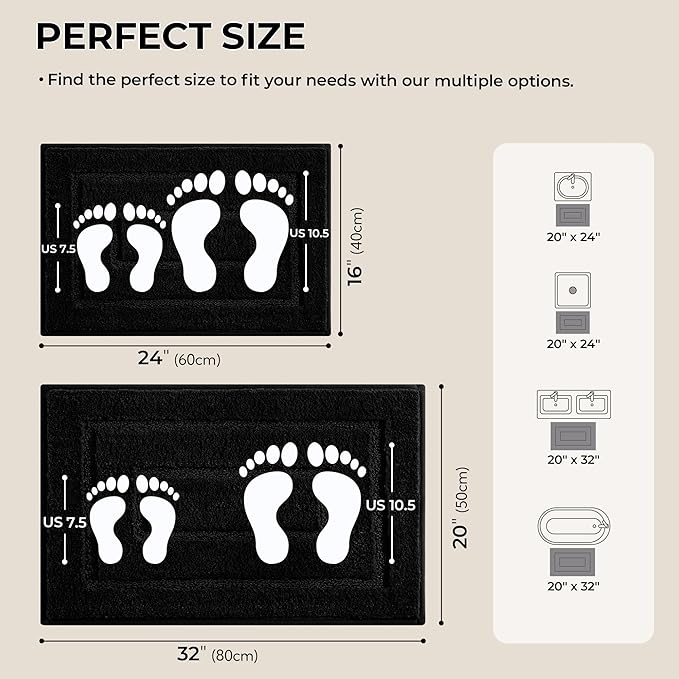 GRANNY SAYS Bathroom Rugs Sets 2 Piece,Soft Bath Mats for Bathroom, Bath Rugs Non Slip Washable, Absorbent Bath Rug for Tub, Shower and Toilet, Bath Mat Set (Black, 20" x 32" + 16" x 24")