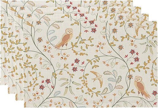 QIYI Boho Placemats Set of 4, 12x18 Inch Linen Fabric Place Mats for Kitchen Dinning, Farmhouse Rustic Floral Cloth Table Mats, Washable Placemat Folk Art Party Table Décor, Forest Birds