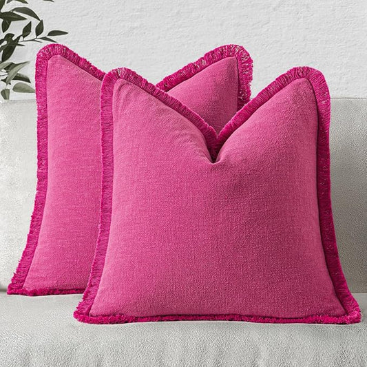 MIULEE Decorative Throw Pillow Covers Neutral Linen Fringe Throw Pillows Set of 2 Hot Pink Boho Farmhouse Cushion Covers with Tassels for Couch Sofa Bed Living Room Spring Home Decor 18x18 Inch