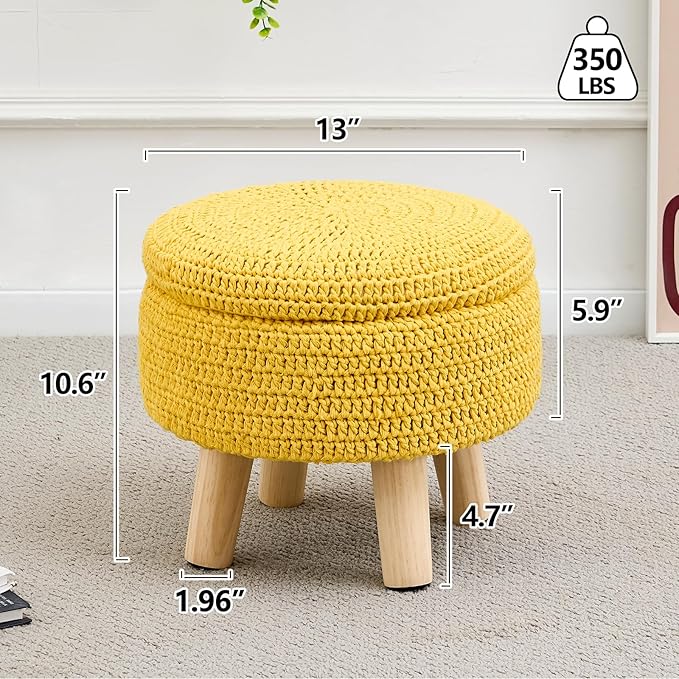 Wimarsbon Pouf Ottoman, 100% Cotton Knitted Boho Footstool, Round Footrest with Non-Skid Wood Legs, Home Décor Handmade Pouffe, Leisure Floor Step Stool for Living Room (Storage Yellow)