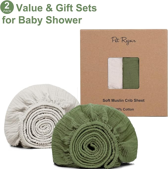 Muslin Fitted Crib Sheets for Girls & Boys-2 Pack 28"x 52" Soft Baby Mattress Sheet-No Slip Boho Neutral Breathable Toddler Cotton Bedding Olive Green & Beige Colors