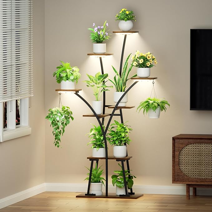 Plant Stand Indoor with Grow Lights, 8-Tiered Large Plant Shelf for Indoor Plants, 63" Tall Plant Tree-Shape Display Rack for Patio, Balcony, Home Decor