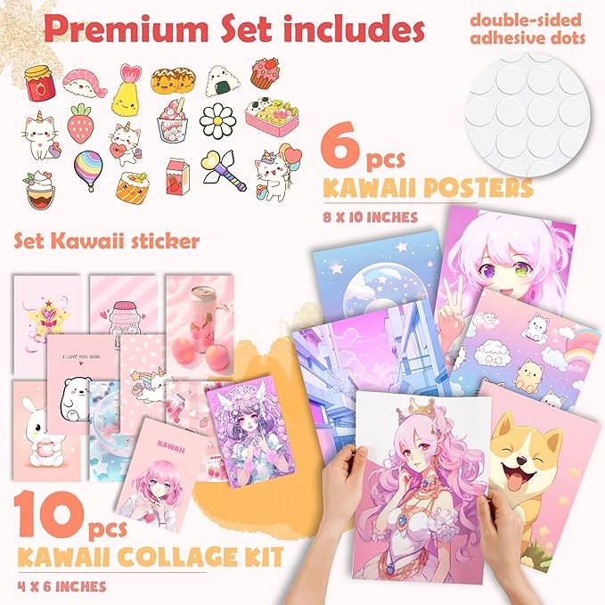 97 Decor Kawaii Wall Art Poster - Cute Anime Room Decor Aesthetic Collage for Bedroom, Dormitory, Kids Room (8x10 UNFRAMED)