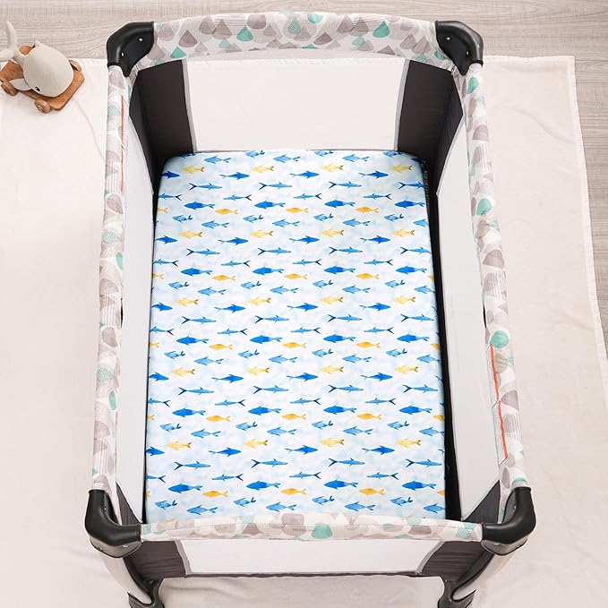 3 Pack Mini Crib Sheets, Premium Pack N Play Sheets for Boys Girls Neutral, Soft Breathable Baby Sheets Fit Pack N Play, Playard and Mini Crib Mattresses, Whale