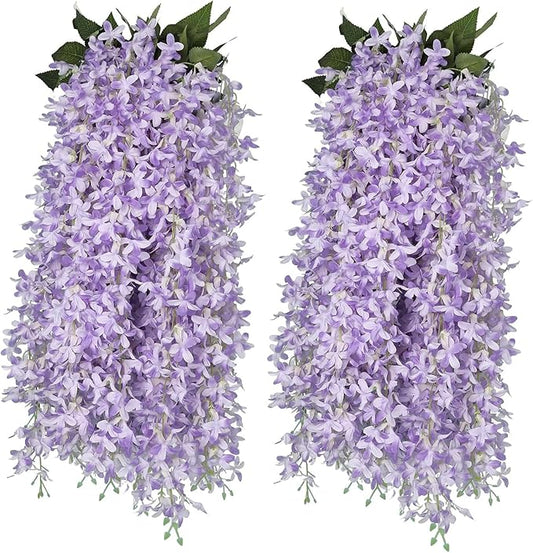 RECUTMS Artificial Lilac Flowers Garland 33.5in Faux Hanging Wisteria Vines 6Pcs Fake Silk Lilac Floral Decoration for Home Garden Wedding Arch Birthday Party Indoor Outdoor (Purple)