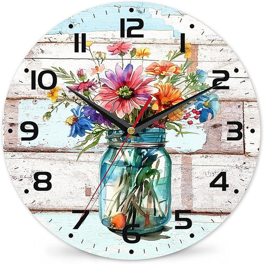 Watercolor Spring Flower Wall Clock, Vintage Wooden Silent Non-Ticking Battery Operated with Arabic Numerals, Decorative for Kitchen, Office, 10 Inch