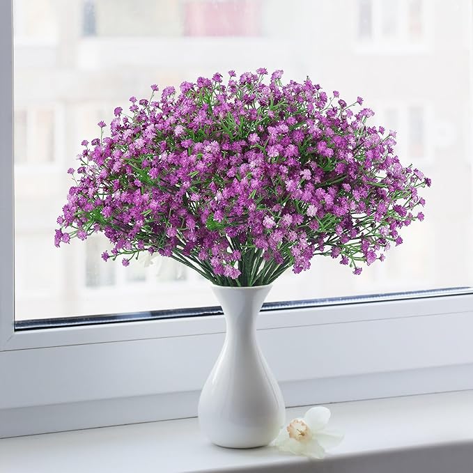 N&T NIETING Babys Breath Artificial Flowers Bulk, 10Pcs Fake Gypsophila Bouquet Flowers Real Touch Faux Babies Breath Arrangement for Wedding Floral Party Home Centerpieces Vase Decoration, Purple
