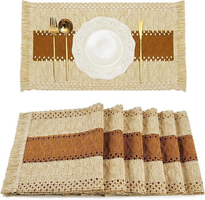 FEXIA Boho Placemats Set of 6, Macrame Table Decor and Farmhouse Style Placemats Natural Cotton Burlap, for Dining Table, Caramel