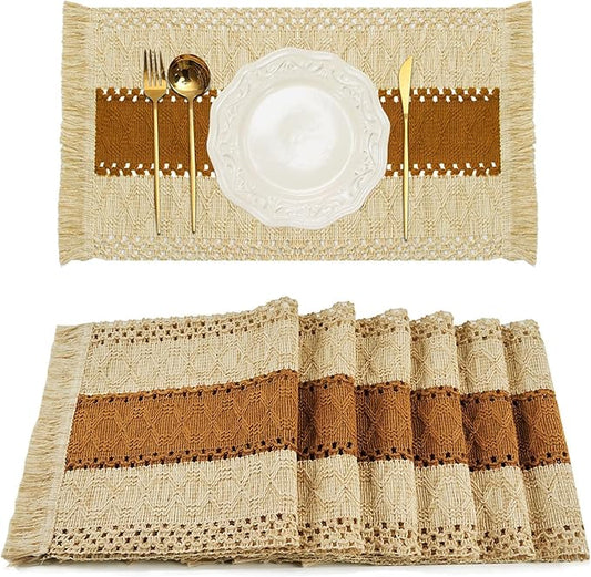 FEXIA Boho Placemats Set of 6, Macrame Table Decor and Farmhouse Style Placemats Natural Cotton Burlap, for Dining Table, Caramel