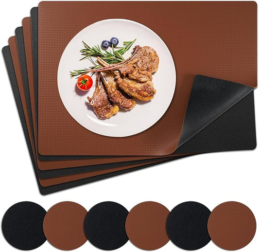 Placemats Set of 6 with Coasters Dual Sided Heat Stain Resistant Place Mats Faux Leather Table Mats Non-Slip Waterproof Oil-Proof Washable Wipeable Table Placemats for Dining Patio Table Kitchen