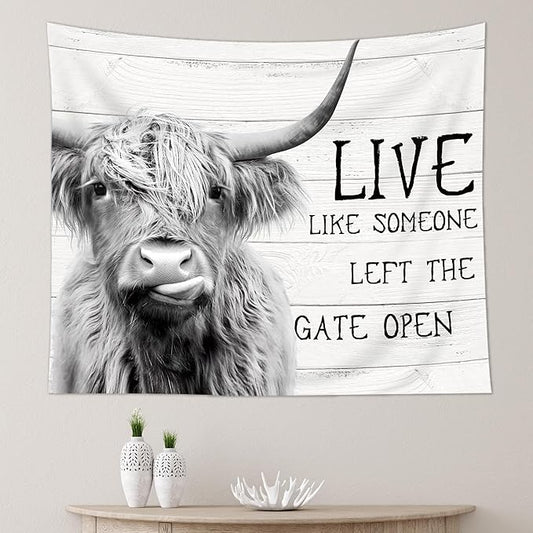 AMBZEK Funny Highland Cow Tapestry 51Hx59W Inch Rustic Farmhouse Western Inspirational Quotes Wood Bull Cattle Barn Farm Animal Wildlife Country Art Wall Hanging Bedroom Living Room Dorm Decor Fabric