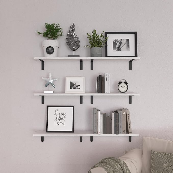 WOPITUES Set of 6 White Floating Wall Shelves - Modern Decor for Bedroom, Bathroom, Living Room [Upgraded]