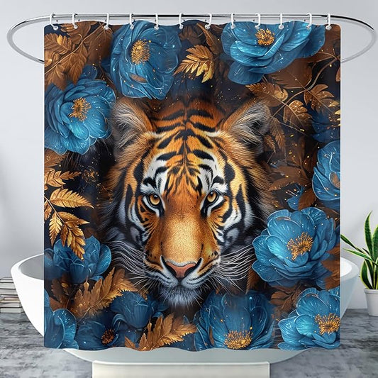 AILONEN Tiger Shower Curtains for Kids Boys,Blue Flower Tiger Bath Curtains,Wild Animal Curtains Polyester Waterproof,72" W*72" H with 12 Plastic Hooks