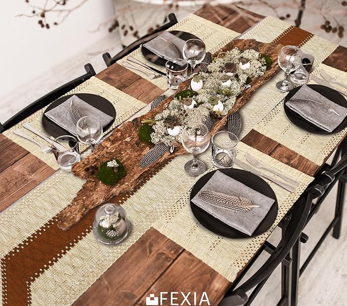 FEXIA Boho Placemats Set of 6, Macrame Table Decor and Farmhouse Style Placemats Natural Cotton Burlap, for Dining Table, Beige