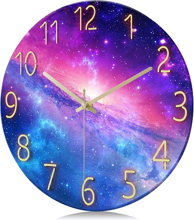 Lafocuse 12 Inch Silent Purple Wall Cloks Battery Operated for Bedroom, Cool Space Galaxy Analog Clock for Living Room Decor, Glass
