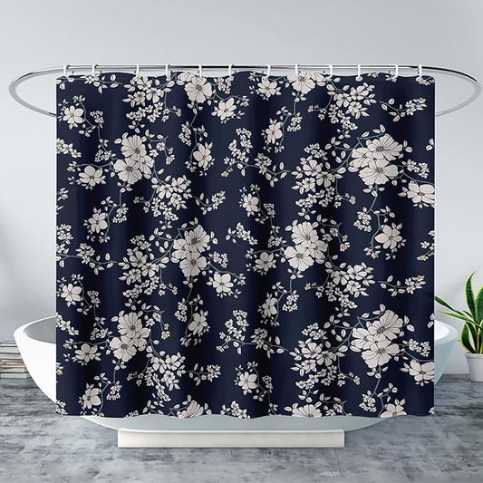 AILONEN Luxuriant Flowers Shower Curtain,White Flower on Black Background Waterproof Shower Curtain Set for Girls Boys Teens, 72" W*72" H Patchwork Flower Shower Curtain