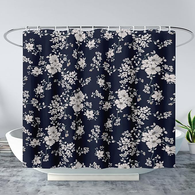 AILONEN Luxuriant Flowers Shower Curtain,White Flower on Black Background Waterproof Shower Curtain Set for Girls Boys Teens, 72" W*84" H Patchwork Flower Shower Curtain