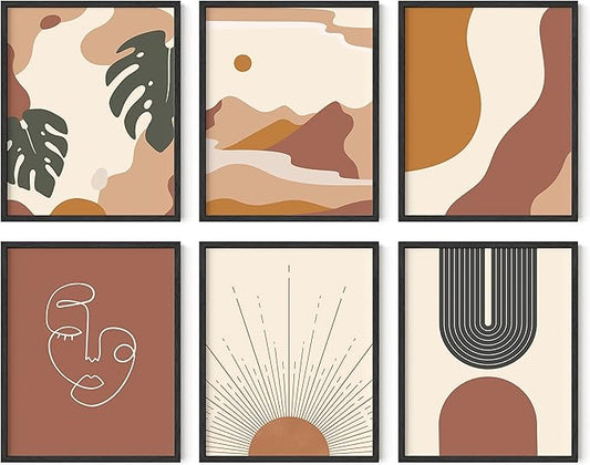 HAUS AND HUES Boho Prints Neutral Wall Art - Set of 6 Boho Art Prints Mid Century Modern Wall Art | Bohemian Artwork for Wall Aesthetic Decor (Black Framed) (8x10)