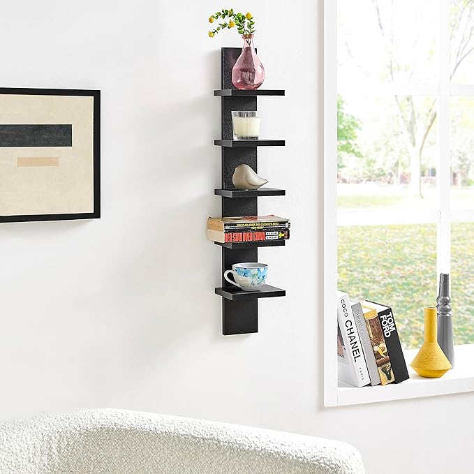 Danya B 5 Tier Wall Shelf Unit Narrow - Vertical Column Ladder Shelf, Floating Storage, Home Decor Organizer, Tall Tower Design, Utility Shelving, Bedroom, Living Room (Black)