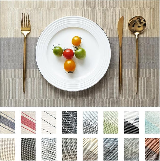 Placemats Set of 12 Vinyl/Plastic Woven Place Mats for Kitchen Table Indoor/Outdoor Washable Placemat Wipeable Dining Table Mats (Ombre Glod,12)