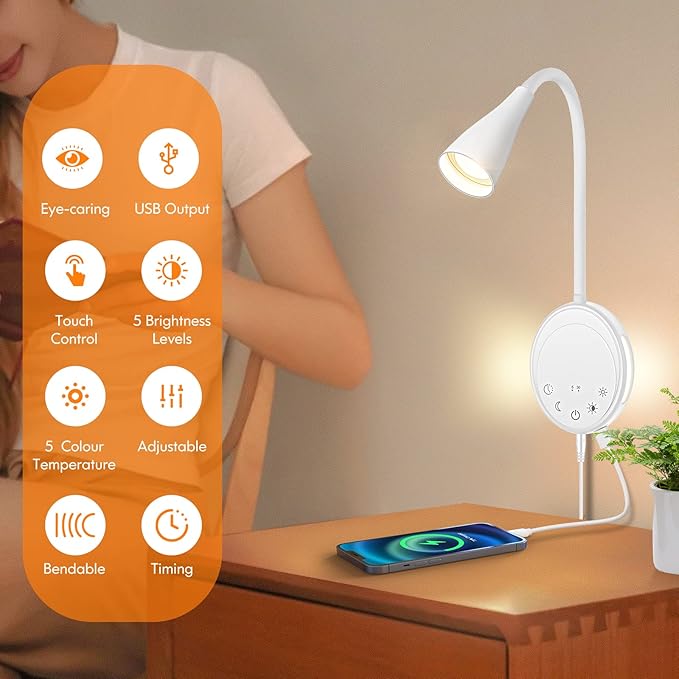 LED Wall Mount Reading Light, Bedside Reading Lights with Touch Control, 5 Dimmable, USB Output, Night Light & Timers, Flexible Gooseneck Headboard Bed Lights Wall Sconce (White-2P)