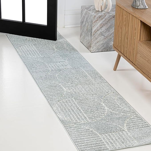 JONATHAN Y SCN104F-28 Nordby High-Low Geometric Arch Scandi Striped Light Blue/Cream 2 ft. x 8 ft. Indoor/Outdoor Runner Rug for Patio, Backyard, Living Room, Bedroom, Office, Hose-Washable