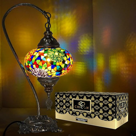 CHICON Handmade Mosaic Tiffany Boho Lamp | Genuine Glass Mosaic | A Piece of Art in Unique Moroccan Bohemian Small Table Lamp - SWAN 3Globes Multicolor