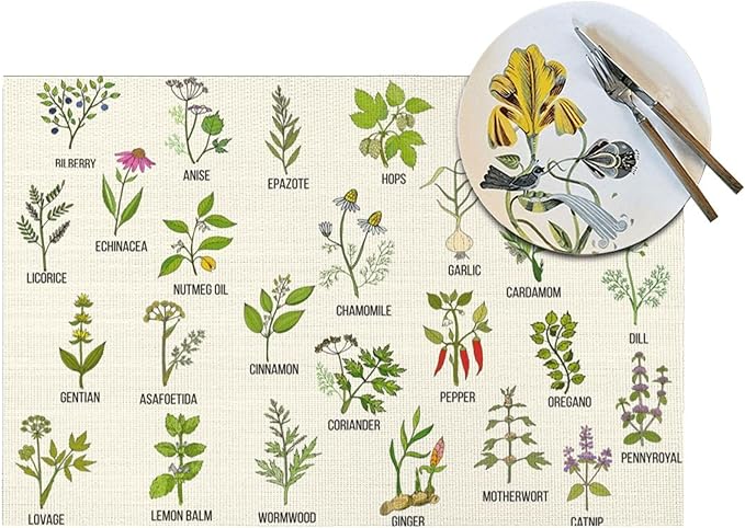 Cute Herbs Botanic Garden Plants Placemats Set of 4 Linen Washable Heat-Resistant Kitchen Table Mats for Dining Outdoor Spring Summer Holiday Home Decor 12x18 Inch