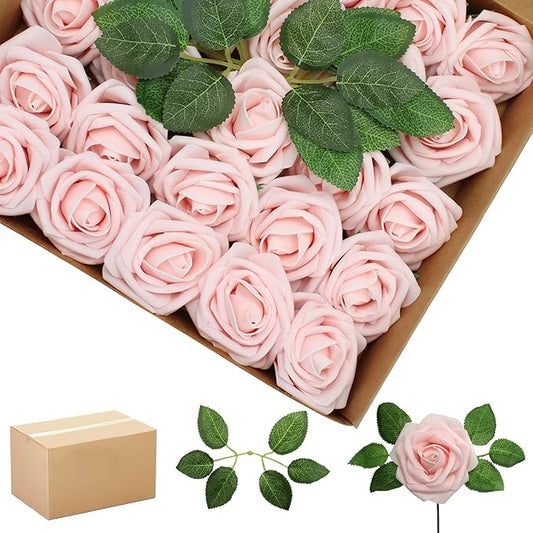 200PCS Artificial Flowers Light Pink Roses Real Looking Foam Fake Roses with Leaves and for DIY Wedding Bouquets Bridal Shower Centerpieces Party Decorations (Light Pink, 200)