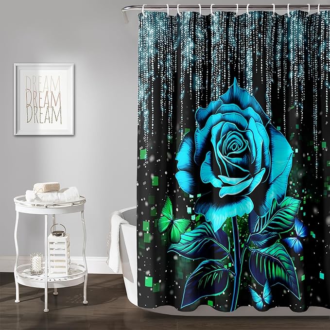 AILONEN Blue Rose Shower Curtain for Bathroom, Glitter Starry Flower Print Bath Curtain,Blue and Black Waterproof Floral Butterfly Shower Curtain Decoration with 12 Plastic Hooks, 72" W*78" H
