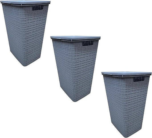 YBM Home Plastic Rattan Laundry Hamper Basket with Hinged Lid, Ventilation Holes, Durable, Lightweight Bin With Cutout Handles, Storage Dirty Clothes, Space Saver,16.75"x13.5"x23.75",Light Grey,3-Pack