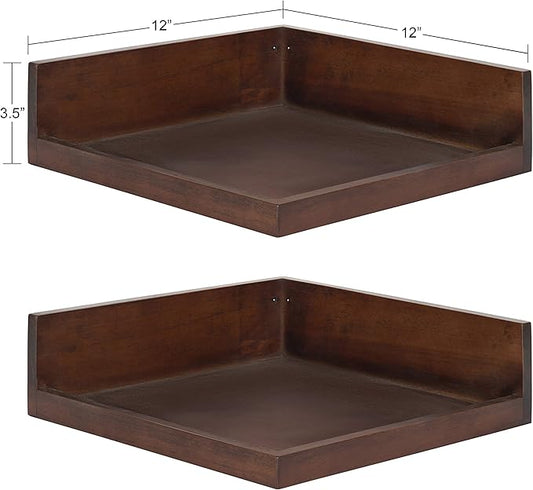 Kate and Laurel Levie Modern Floating Corner Wood Wall Shelves, 12 x 12 Inches, 2 Pack, Walnut Brown